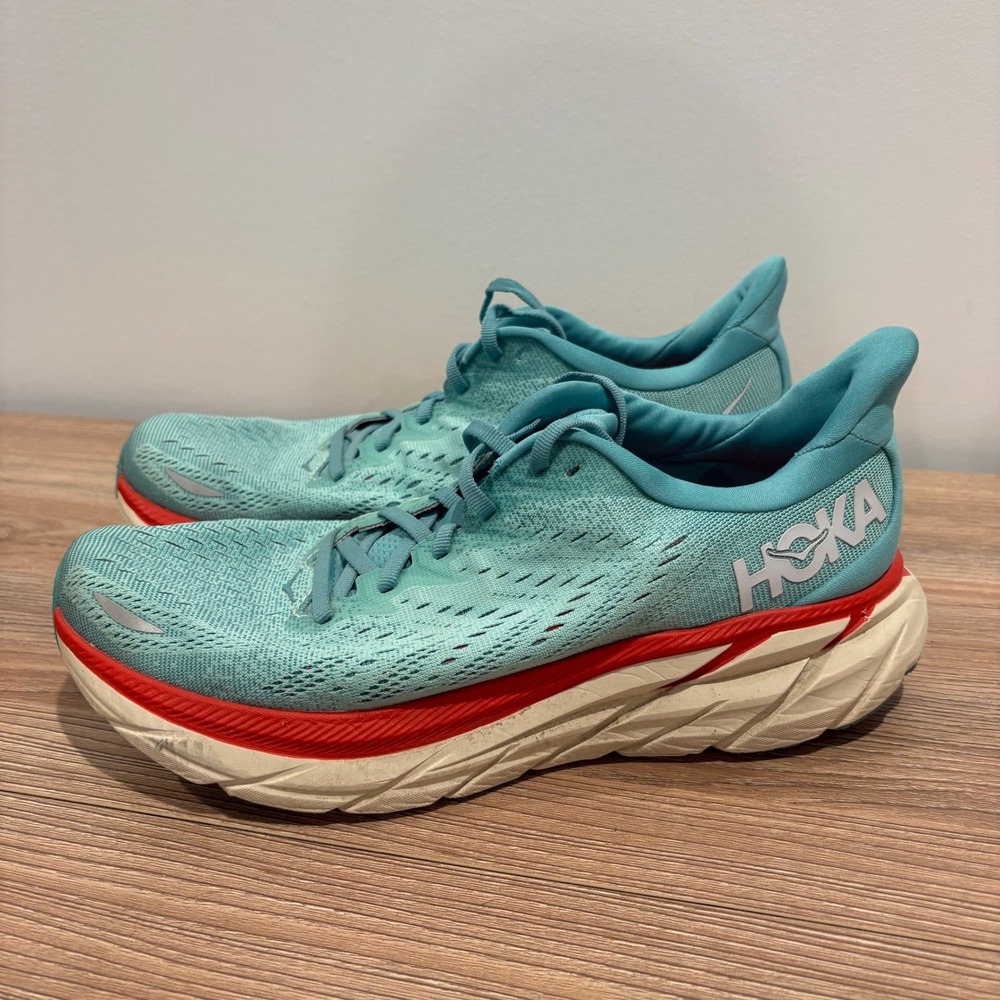 HOKA Clifton 8 Running Shoes Womens Aqua Blue Red Size 9B Athletic Sneakers